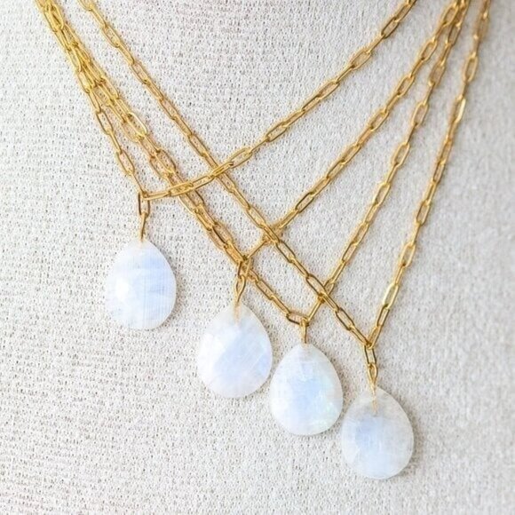 Rainbow Moonstone Pendant Necklace BEAUTIFUL Layering Necklace Gold WATERPROOF - Picture 2 of 9